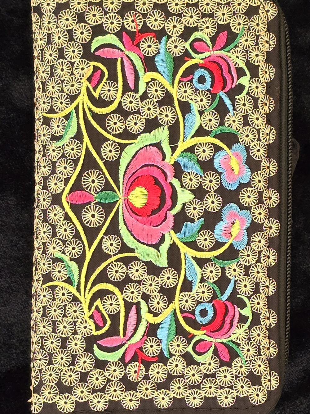 Embroidered Floral Zip Clutch - Multicolor on Black